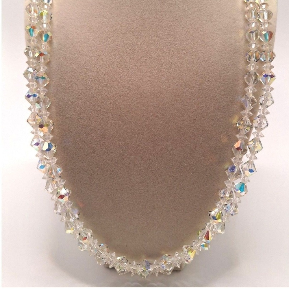 Vintage long beaded necklace AB crystal silver tone mid century